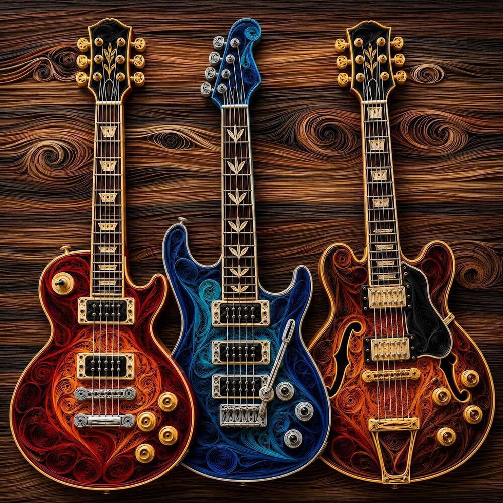 8x8 White Framed Quilled Guitar Wall Art | Colorful Electric Guitar Print | Musi